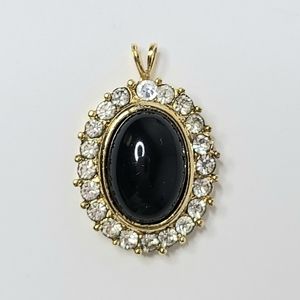 Trifari Black Large Cabochon Rhinestone Edge Vintage Pendant